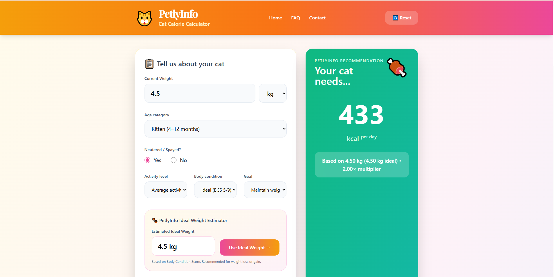 PetlyInfo Cat Calorie Calculator Screenshot